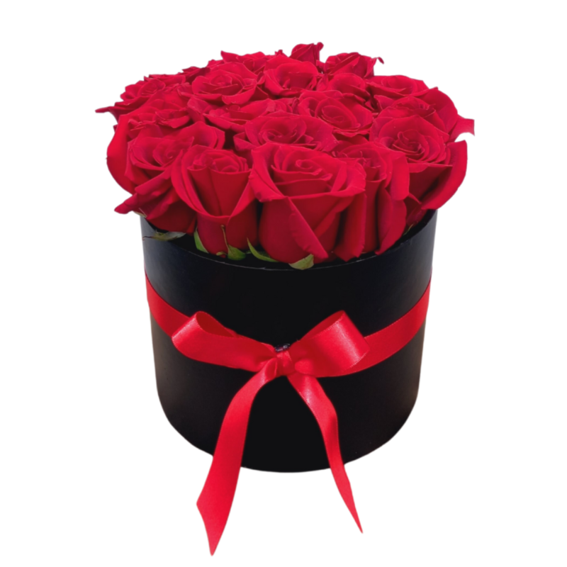 Caja redonda Negra x 24 rosas rojas con lazo de seda